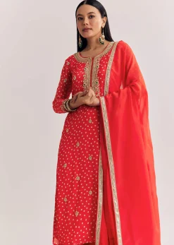 Bright Orange Bandhani Kurta Palazzo Suit With Sequins And Zardosi Work