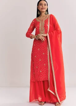 Bright Orange Bandhani Kurta Palazzo Suit With Sequins And Zardosi Work