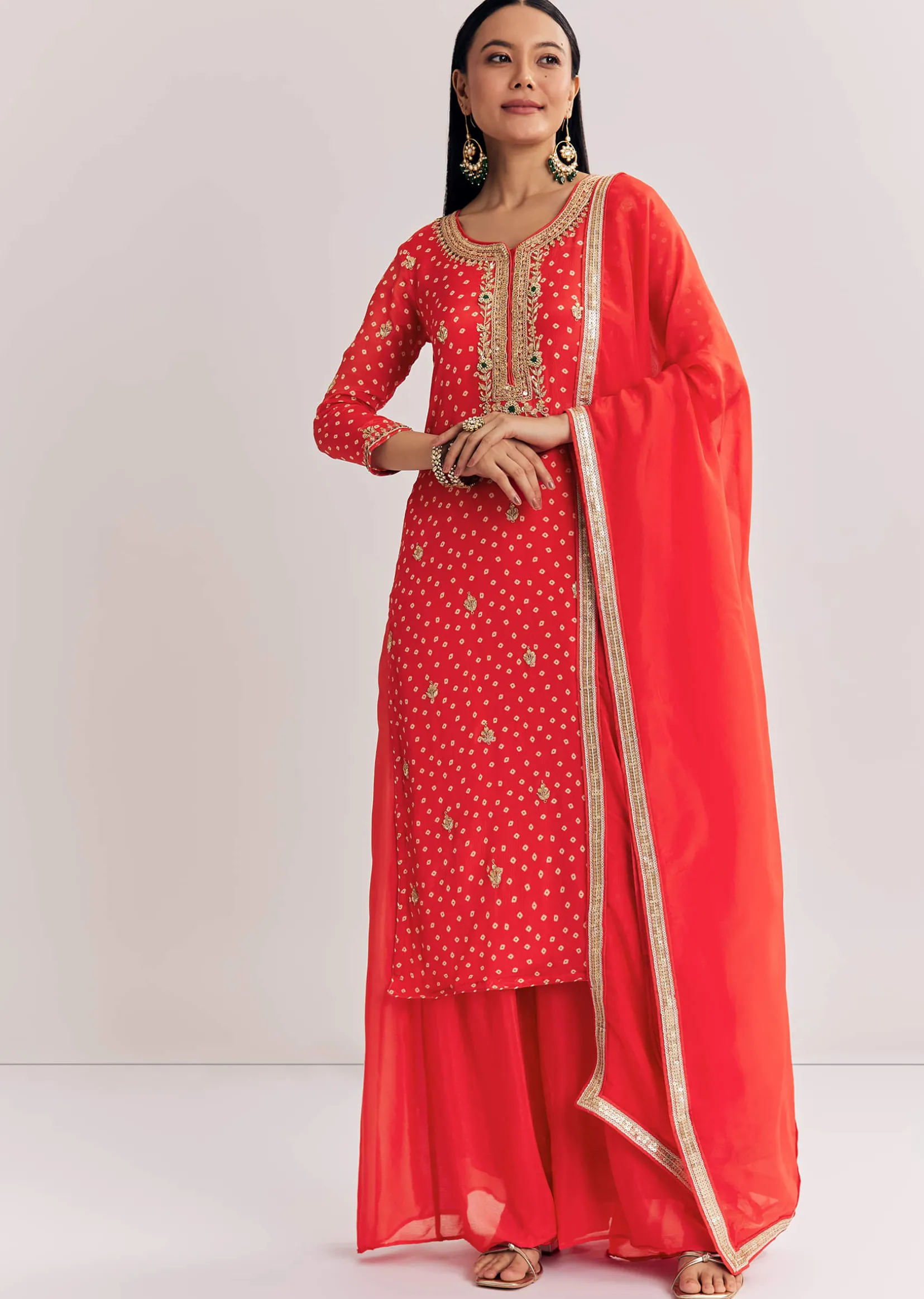 Bright Orange Bandhani Kurta Palazzo Suit With Sequins And Zardosi Work