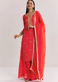 Bright Orange Bandhani Kurta Palazzo Suit With Sequins And Zardosi Work
