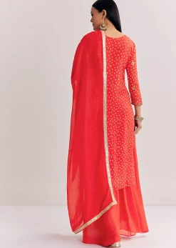 Bright Orange Bandhani Kurta Palazzo Suit With Sequins And Zardosi Work