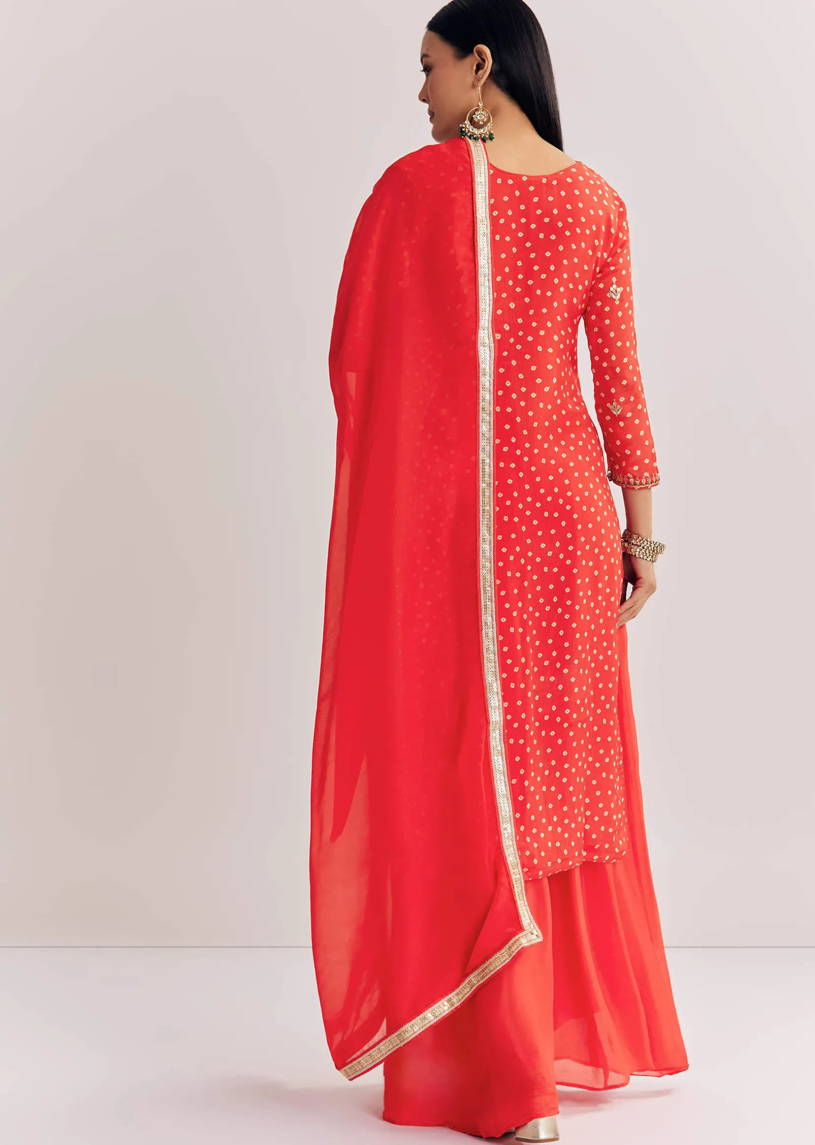 Bright Orange Bandhani Kurta Palazzo Suit With Sequins And Zardosi Work