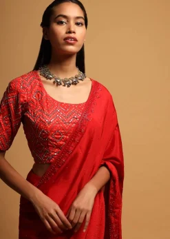 Bright Red Blouse In Silk Blend With Bandhani Print And Mirror Embroidery In Geometric Design
