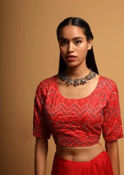 Bright Red Blouse In Silk Blend With Bandhani Print And Mirror Embroidery In Geometric Design