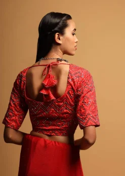 Bright Red Blouse In Silk Blend With Bandhani Print And Mirror Embroidery In Geometric Design