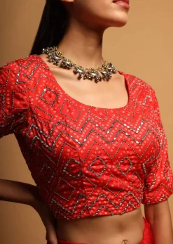 Bright Red Blouse In Silk Blend With Bandhani Print And Mirror Embroidery In Geometric Design