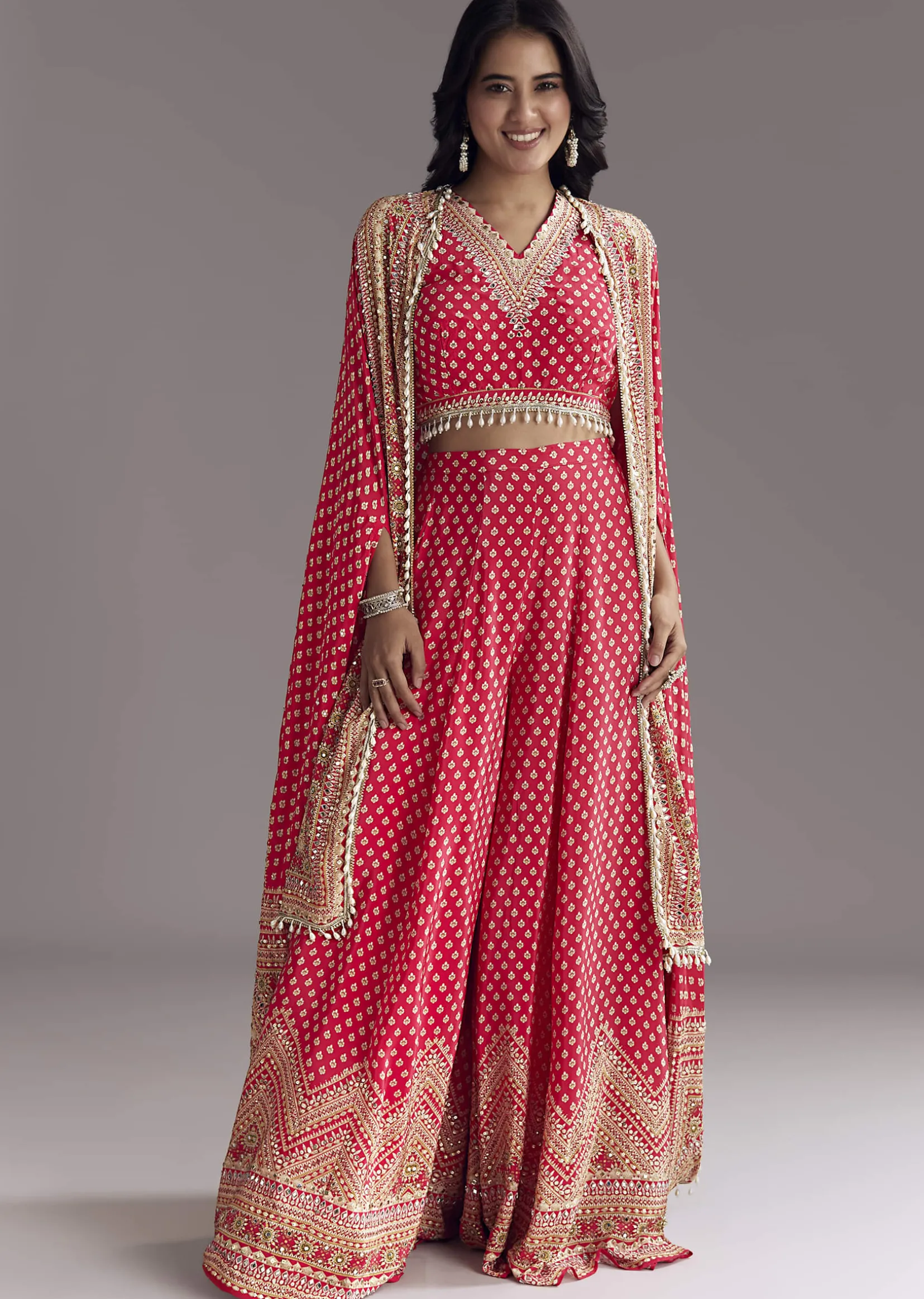 Bright Red Printed Cape Set