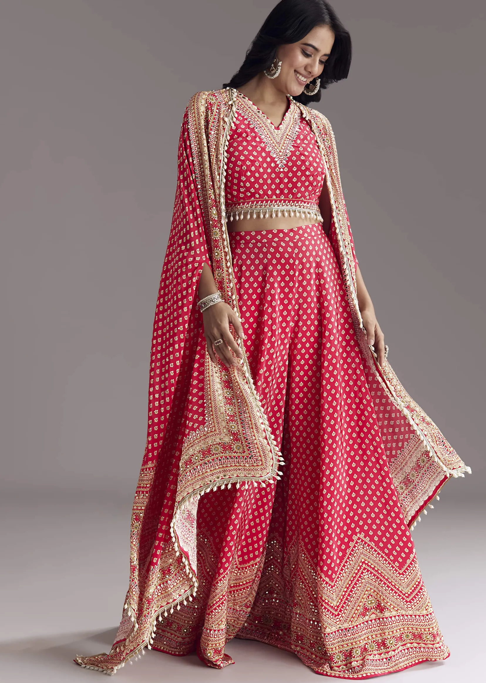 Bright Red Printed Cape Set