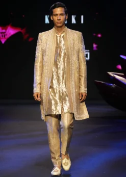 Bronze Banarasi Silk Embroidered Sherwani Suit With Dupatta