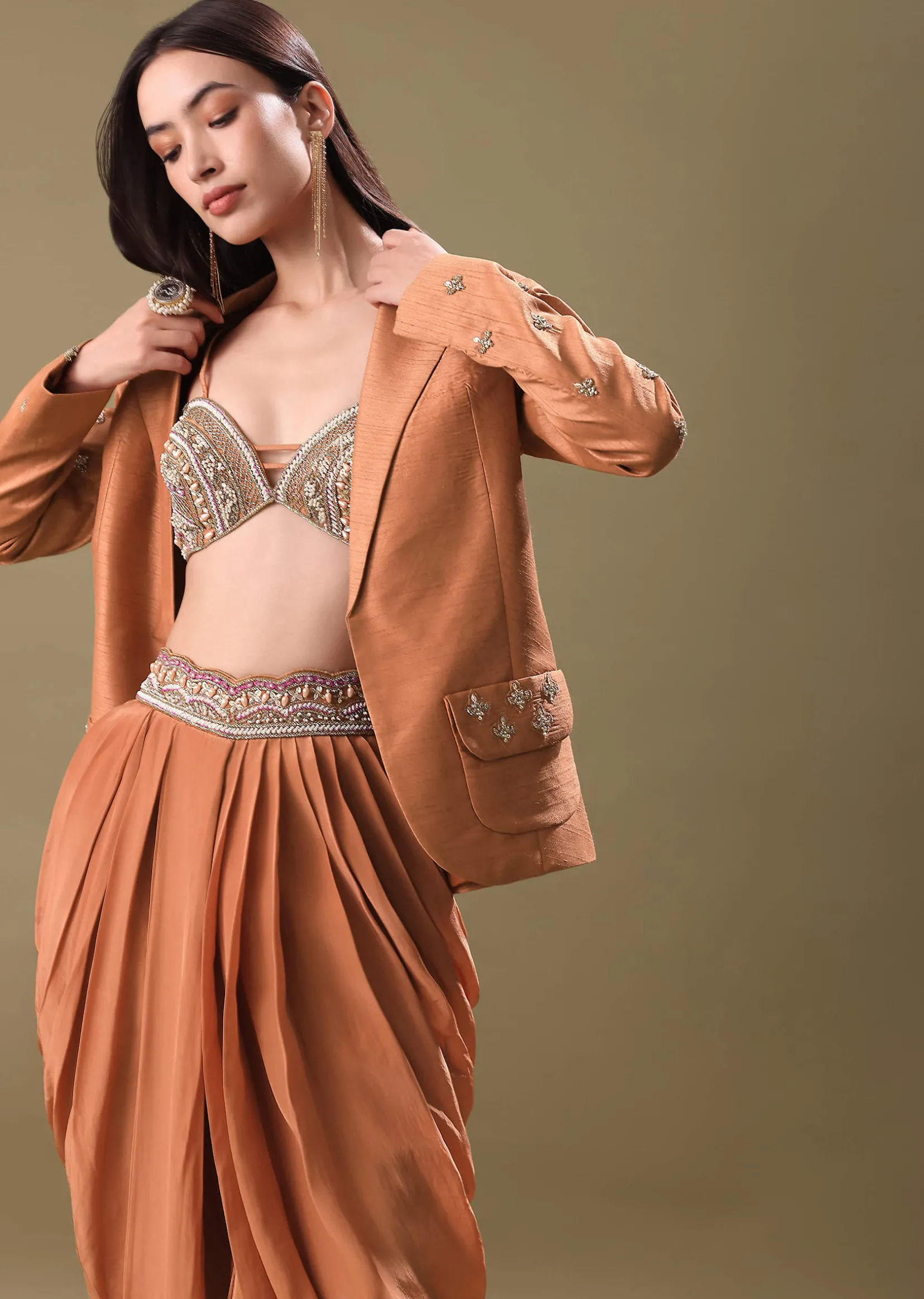 Bronze Crepe Blouse And Dhoti Set With Hand Work