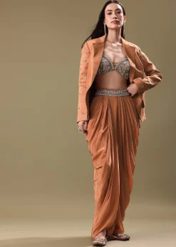 Bronze Crepe Blouse And Dhoti Set With Hand Work