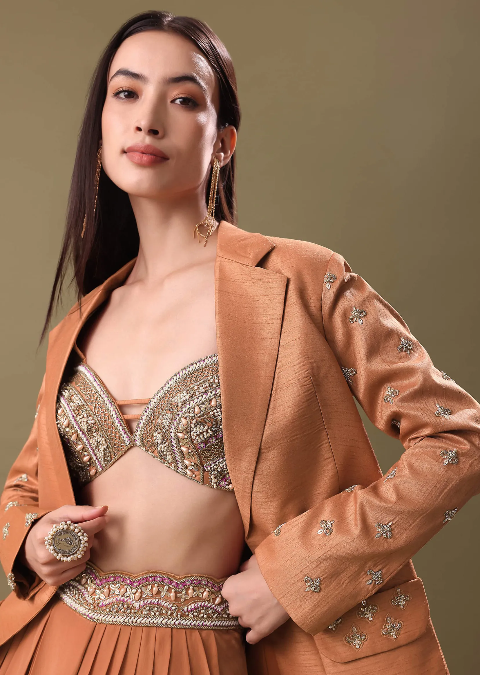 Bronze Crepe Blouse And Dhoti Set With Hand Work
