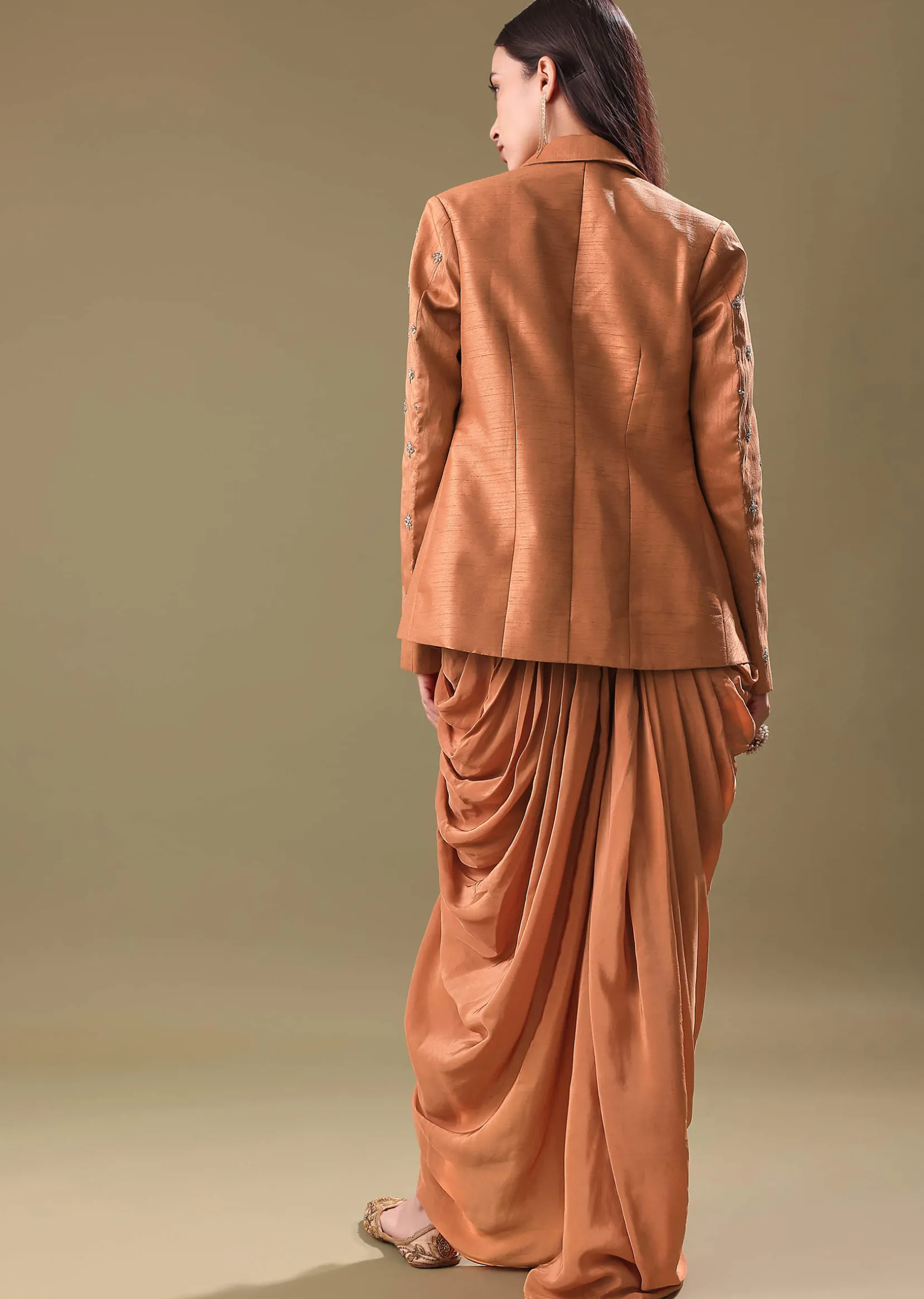 Bronze Crepe Blouse And Dhoti Set With Hand Work