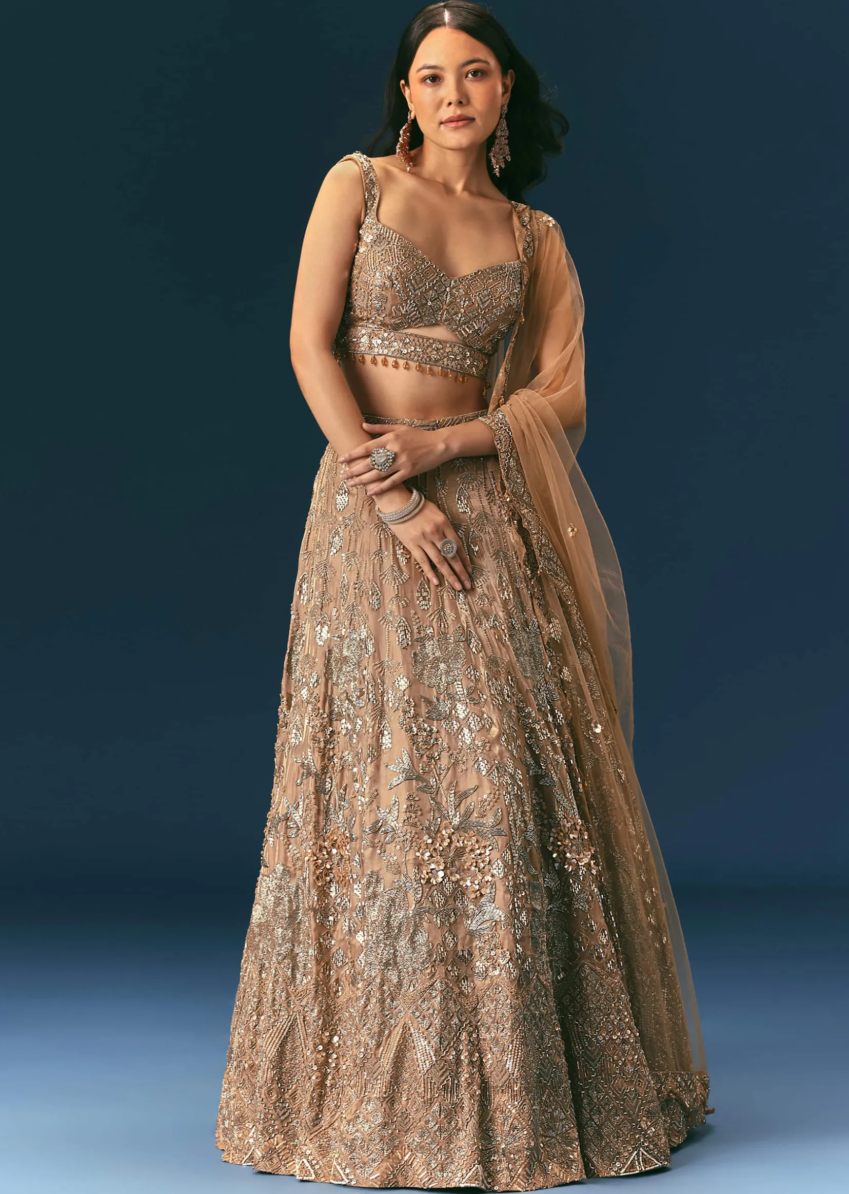 Bronze Organza Lehenga Set With Hand Work