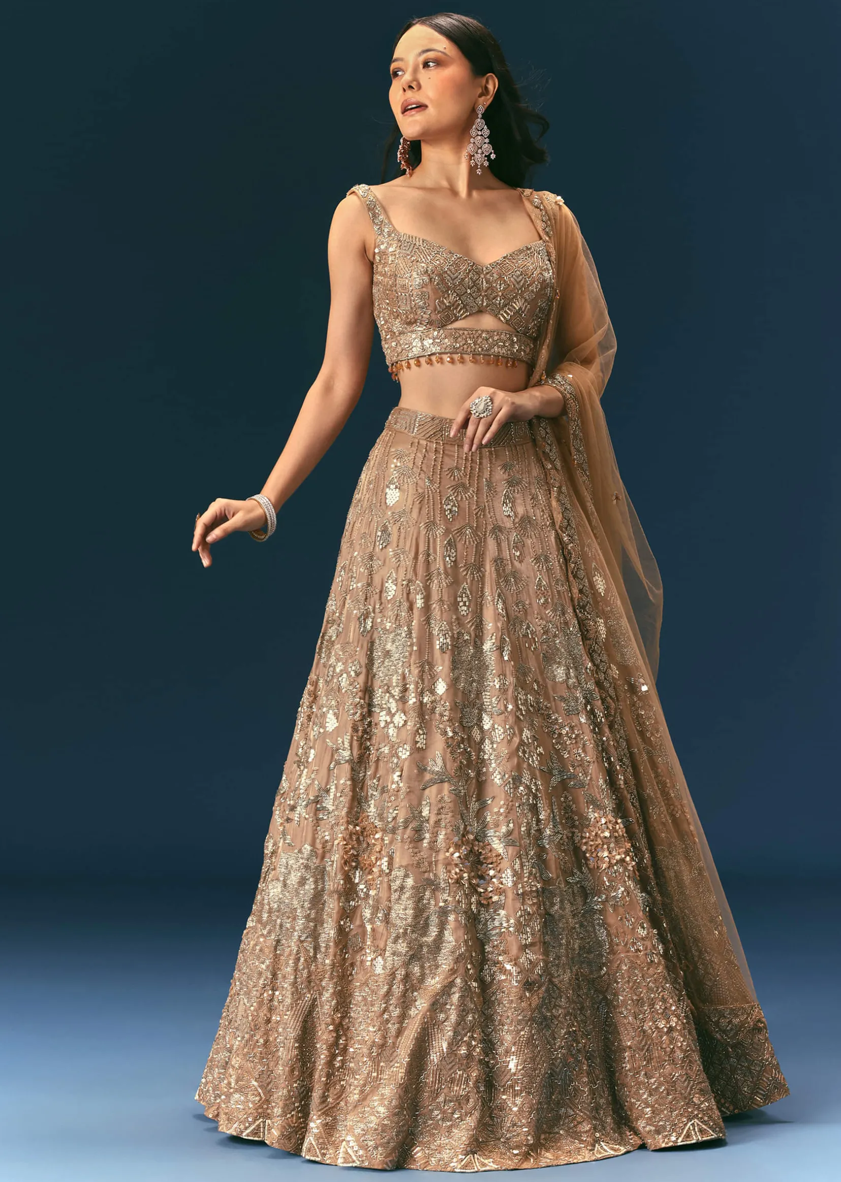 Bronze Organza Lehenga Set With Hand Work