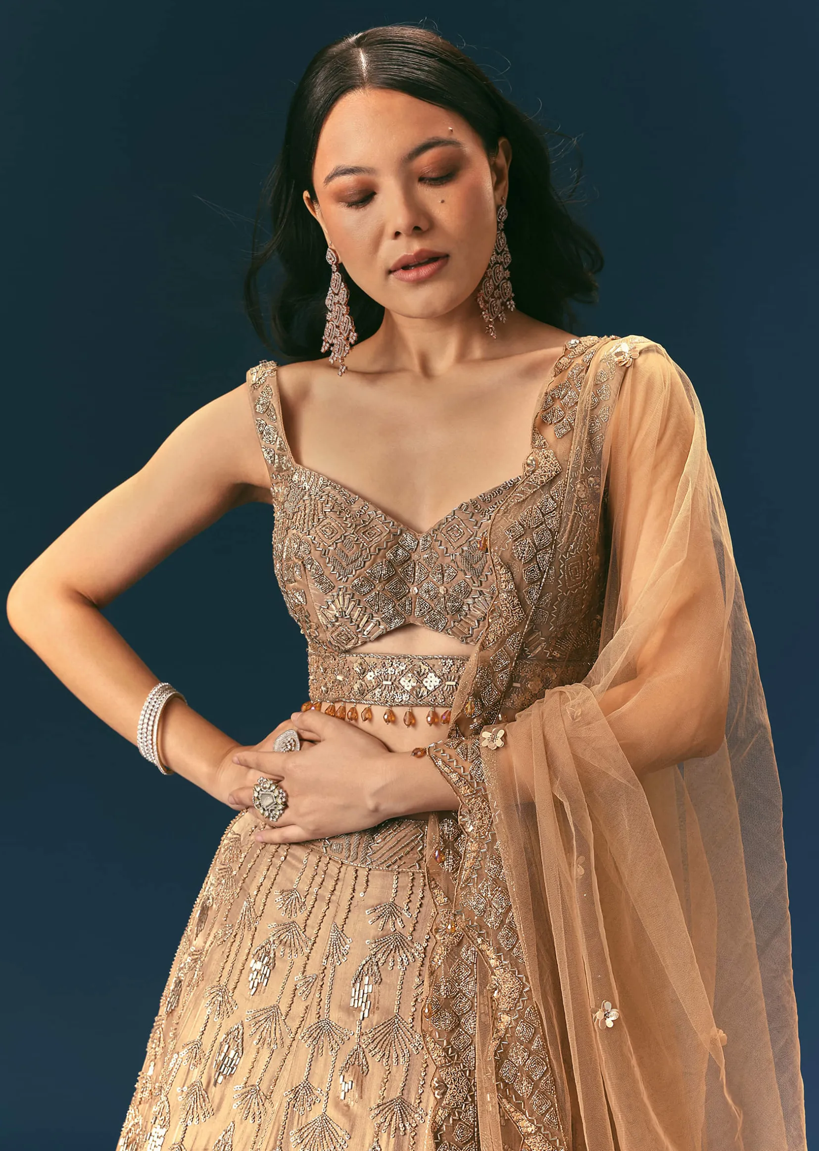 Bronze Organza Lehenga Set With Hand Work