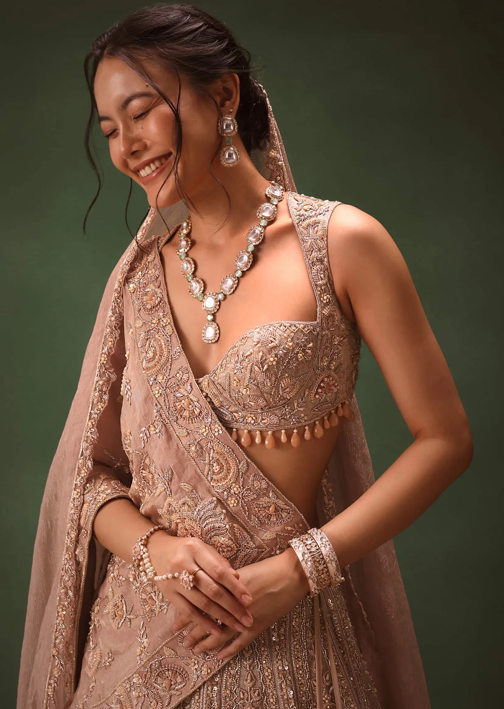 Bronze Self Embroidered Lehenga Set With Two Dupattas