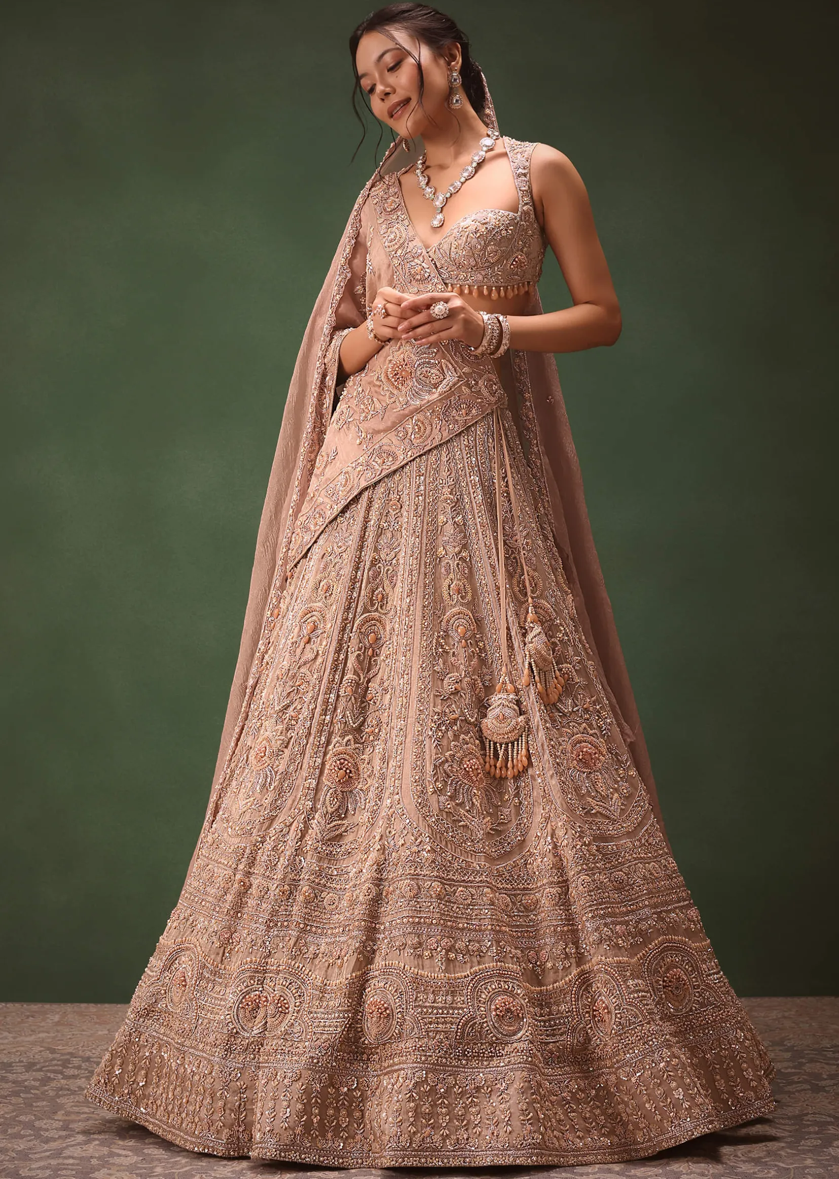 Bronze Self Embroidered Lehenga Set With Two Dupattas