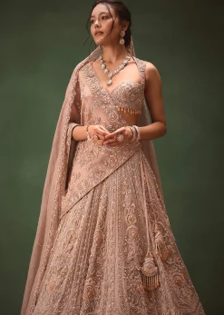 Bronze Self Embroidered Lehenga Set With Two Dupattas
