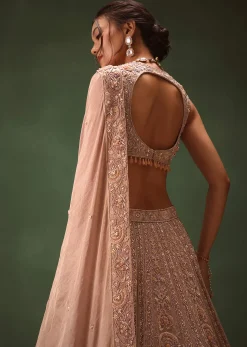 Bronze Self Embroidered Lehenga Set With Two Dupattas