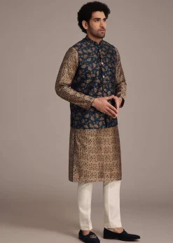 Bronze Silk Printed Kurta Set With Leaf Motifs