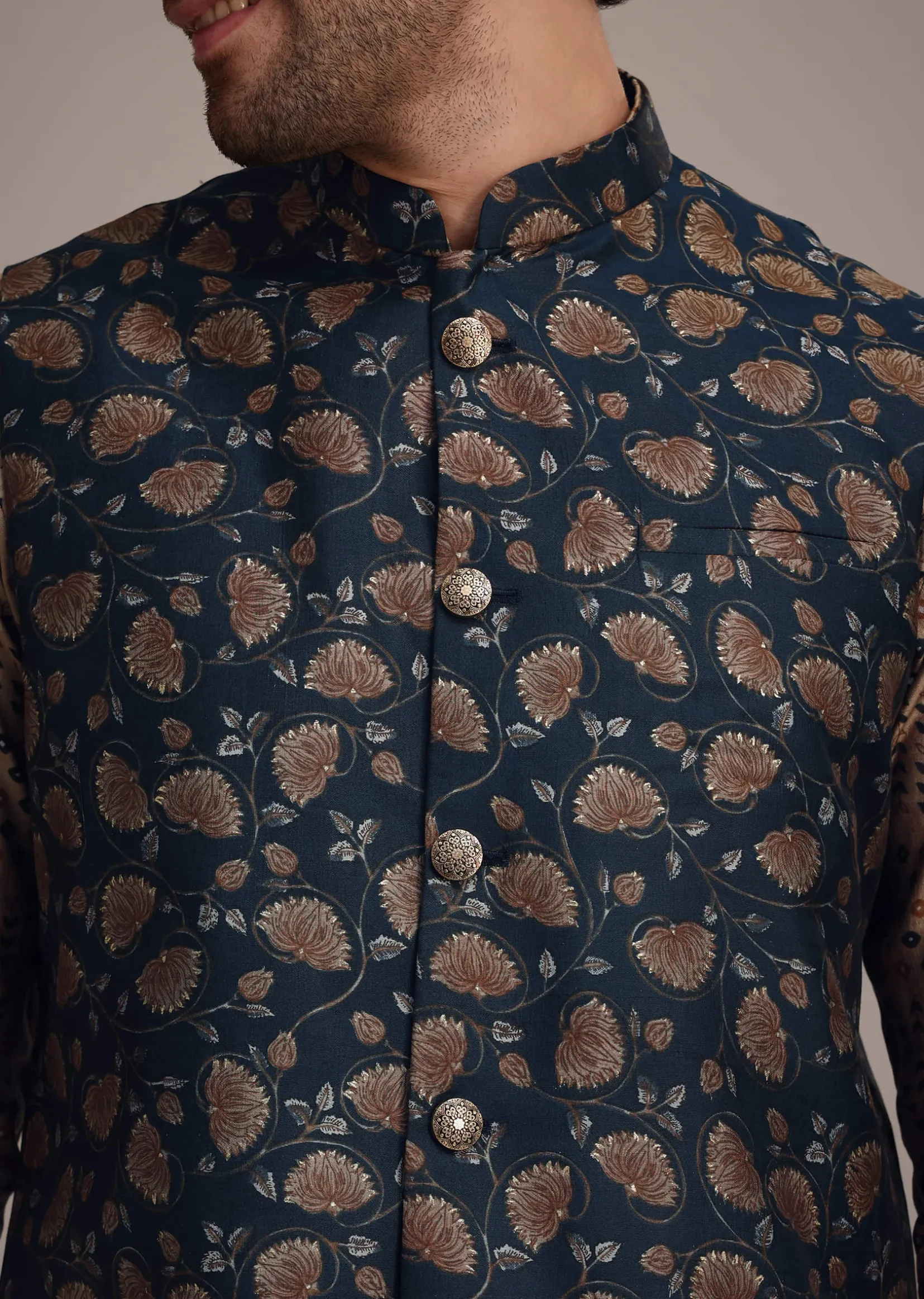 Bronze Silk Printed Kurta Set With Leaf Motifs