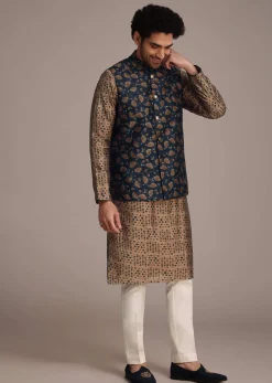 Bronze Silk Printed Kurta Set With Leaf Motifs