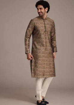 Bronze Silk Printed Kurta Set With Leaf Motifs