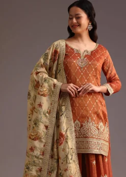 Brown And Gold Embroidered Palazzo Suit With Dupatta