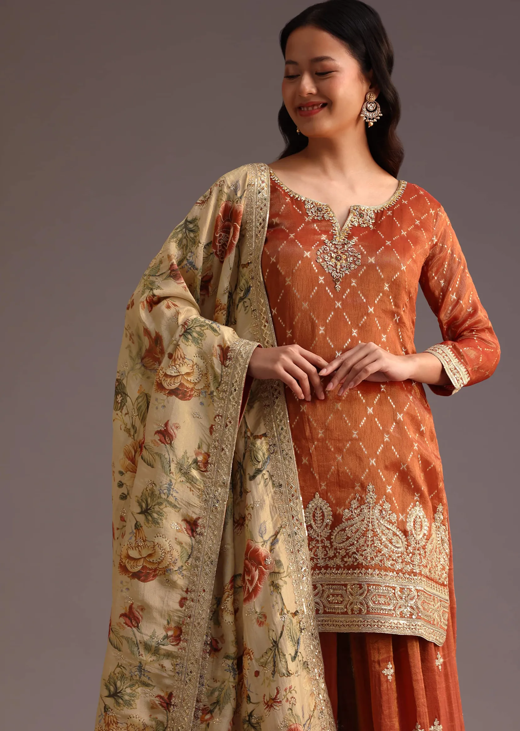 Brown And Gold Embroidered Palazzo Suit With Dupatta
