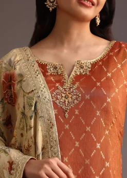 Brown And Gold Embroidered Palazzo Suit With Dupatta