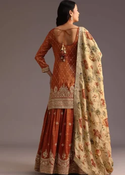 Brown And Gold Embroidered Palazzo Suit With Dupatta