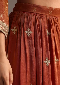 Brown And Gold Embroidered Palazzo Suit With Dupatta