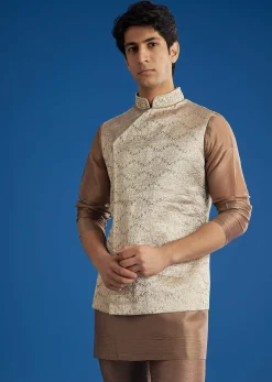Brown Banarasi Silk Jacket Kurta Set With Cutdana Work