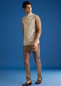 Brown Banarasi Silk Jacket Kurta Set With Cutdana Work