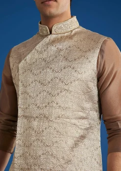 Brown Banarasi Silk Jacket Kurta Set With Cutdana Work