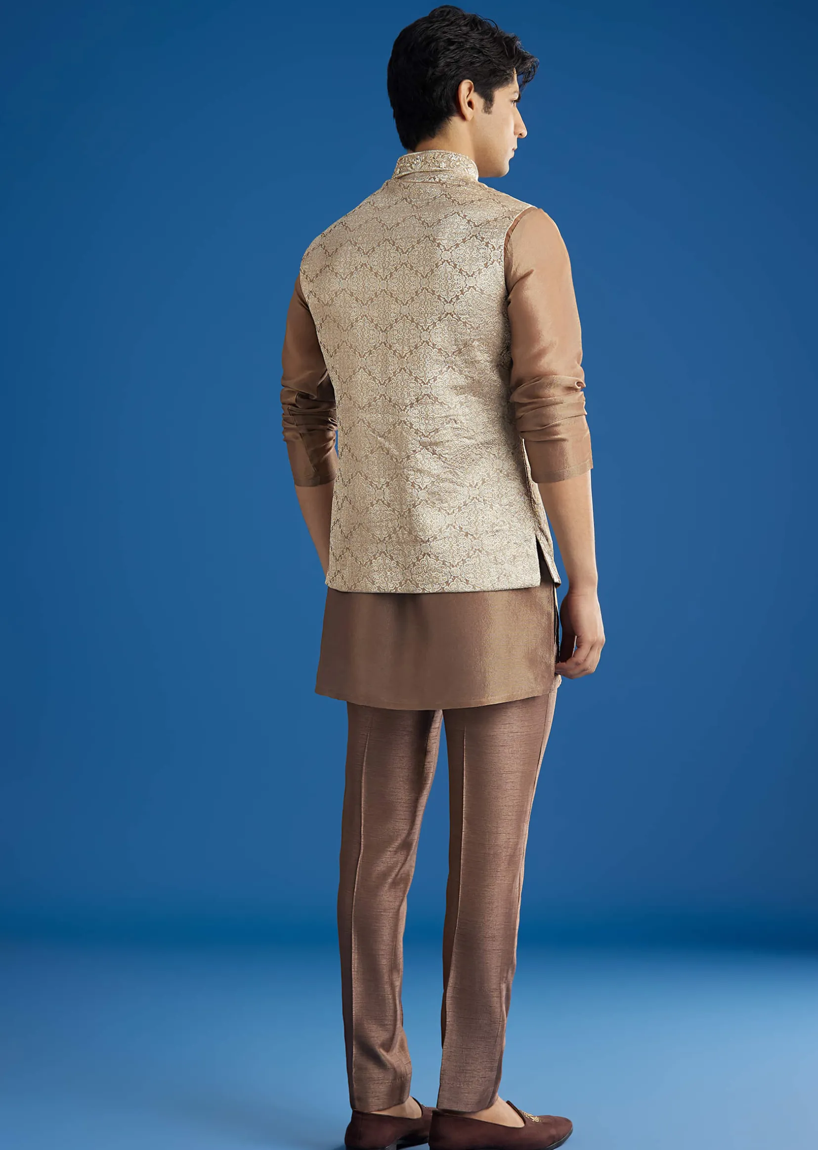 Brown Banarasi Silk Jacket Kurta Set With Cutdana Work