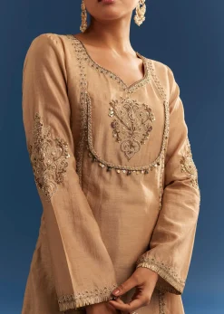 Brown Chanderi Embroidered Kurta Set With Crepe Dhoti And Gotta Detailing