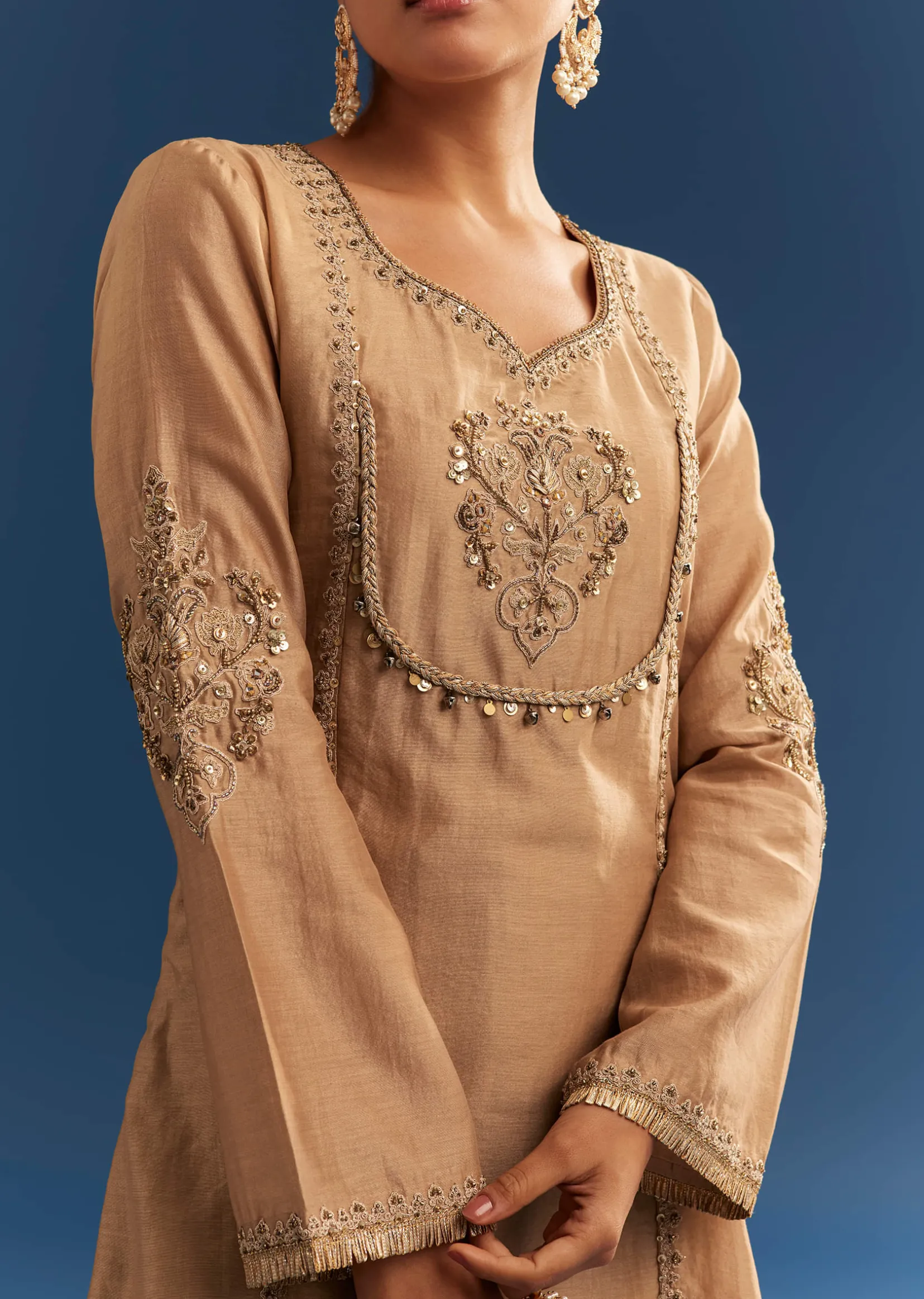 Brown Chanderi Embroidered Kurta Set With Crepe Dhoti And Gotta Detailing
