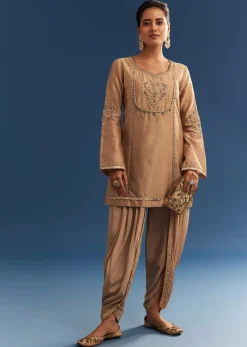 Brown Chanderi Embroidered Kurta Set With Crepe Dhoti And Gotta Detailing