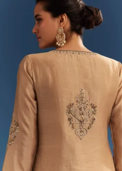 Brown Chanderi Embroidered Kurta Set With Crepe Dhoti And Gotta Detailing