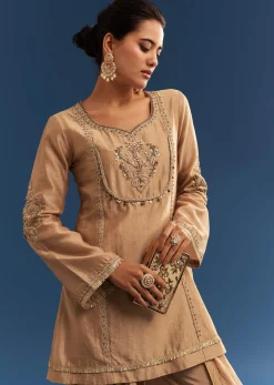 Brown Chanderi Embroidered Kurta Set With Crepe Dhoti And Gotta Detailing