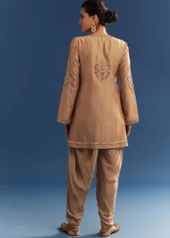 Brown Chanderi Embroidered Kurta Set With Crepe Dhoti And Gotta Detailing