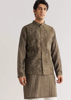 Brown Chanderi Silk Jacket Kurta Set With Mirror And Stone Work