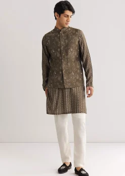 Brown Chanderi Silk Jacket Kurta Set With Mirror And Stone Work