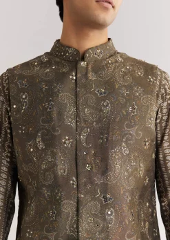Brown Chanderi Silk Jacket Kurta Set With Mirror And Stone Work