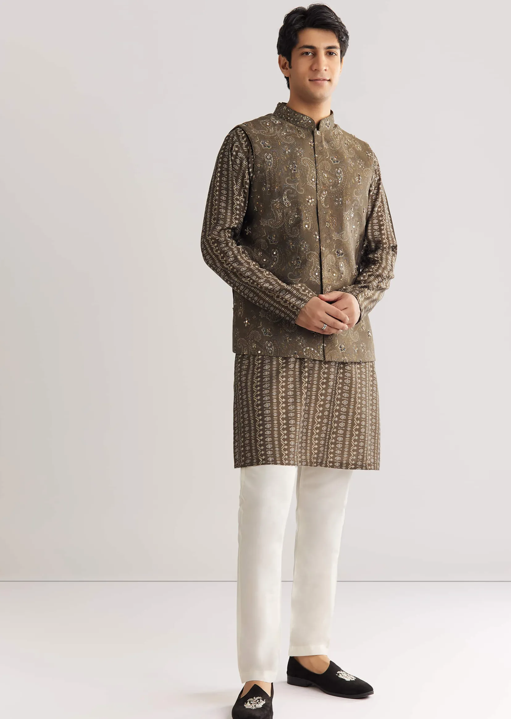 Brown Chanderi Silk Jacket Kurta Set With Mirror And Stone Work