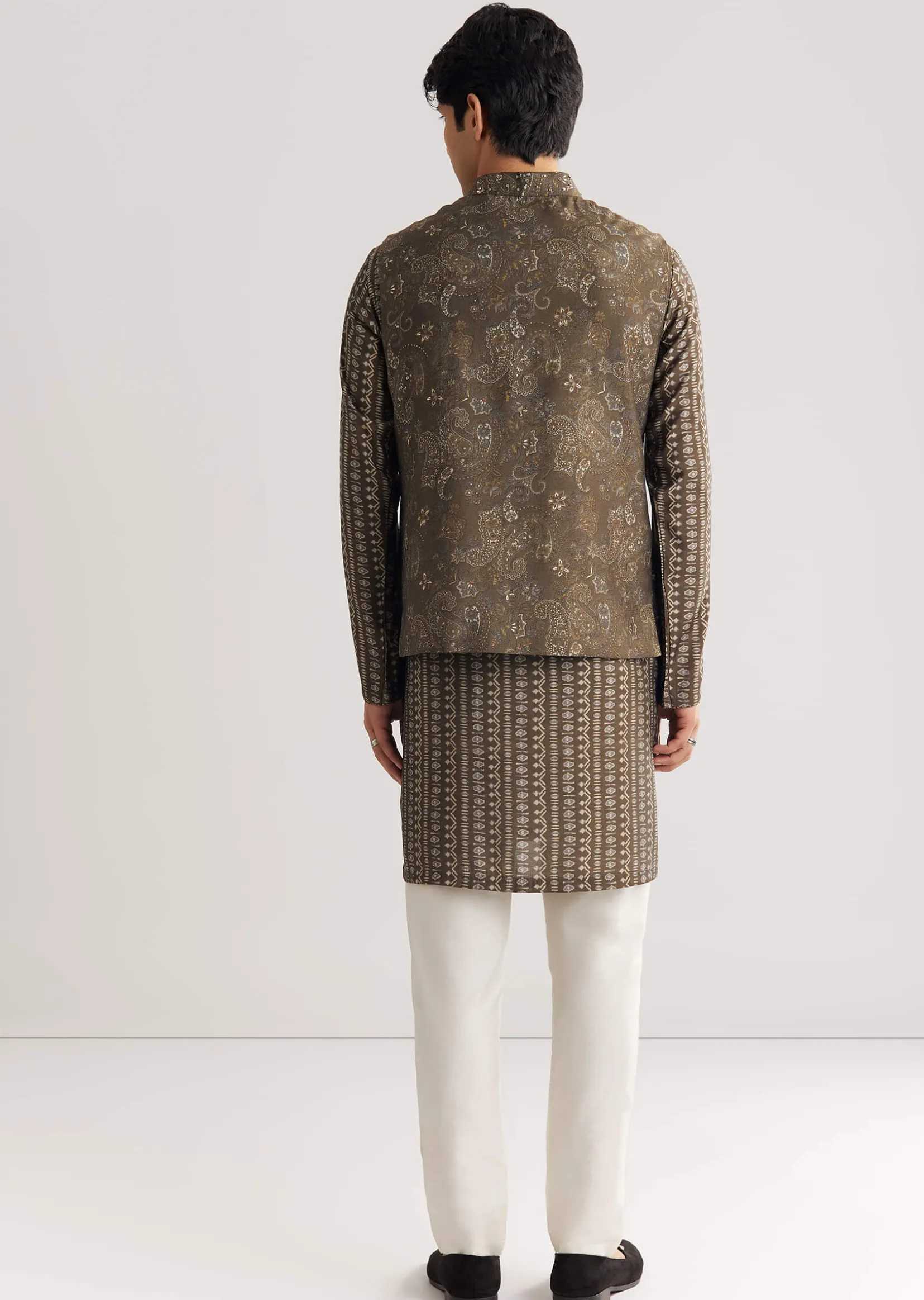 Brown Chanderi Silk Jacket Kurta Set With Mirror And Stone Work