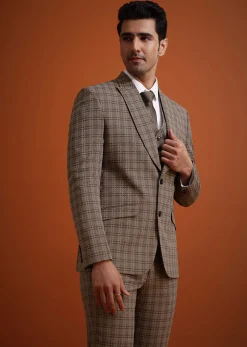 Brown Checkered Tuxedo And Pant Set