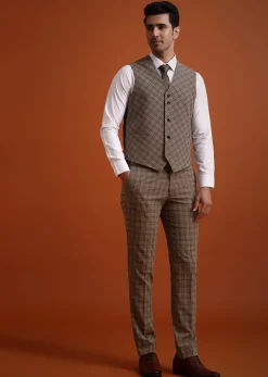Brown Checkered Tuxedo And Pant Set